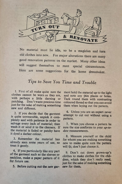 Page from the ‘Make Do And Mend Booklet 1943, ‘Turn Out & Renovate’.