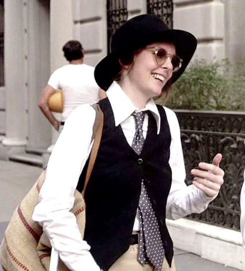 Actor Diane Keaton in ‘Annie Hall’ wearing white shirt, tie and black waistcoat