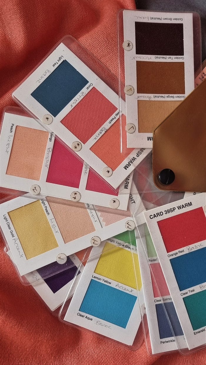 Professional colour swatch spread on coral scarf